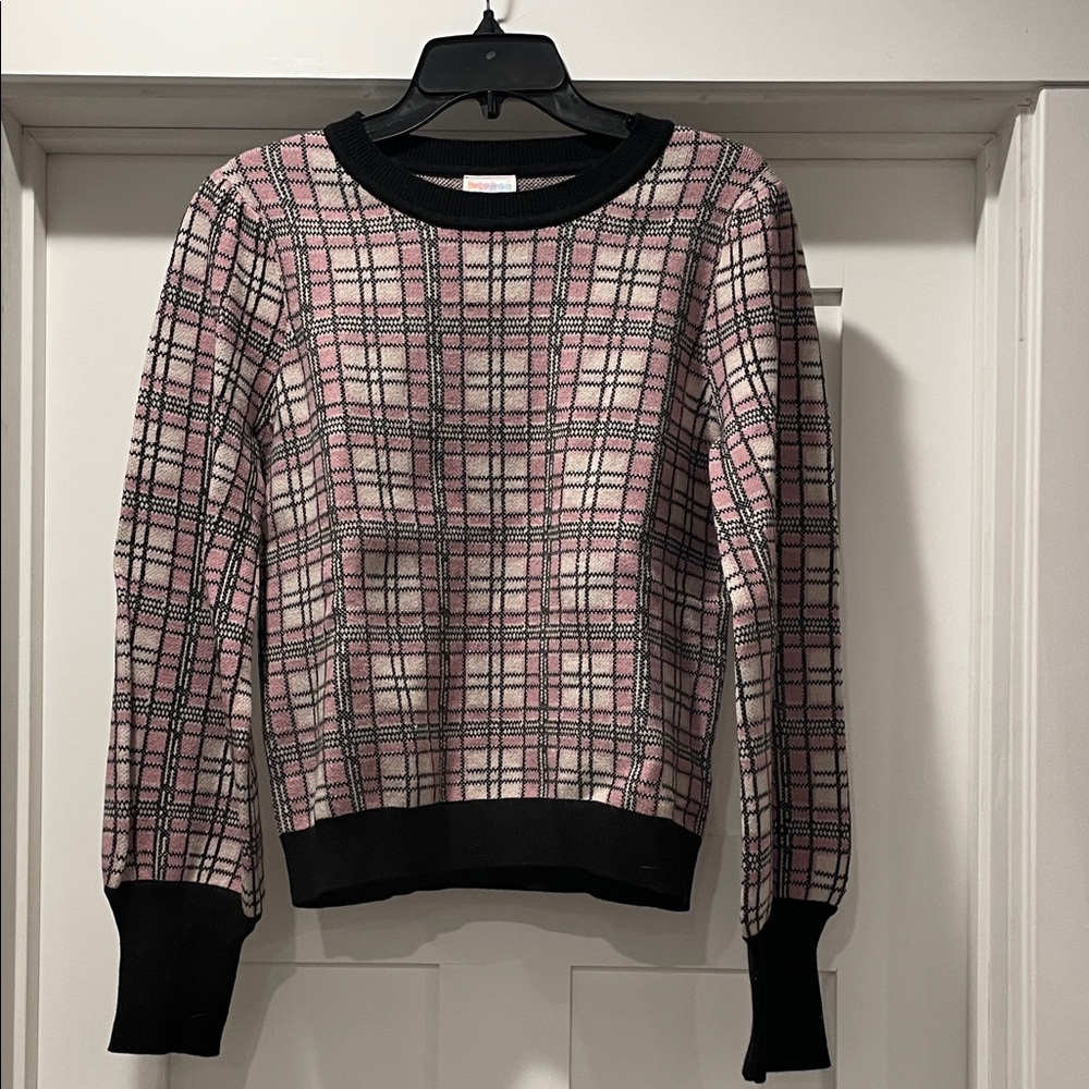 LuLaRoe Pink and Black Plaid Sweater with Balloon sleeves - Piper size S